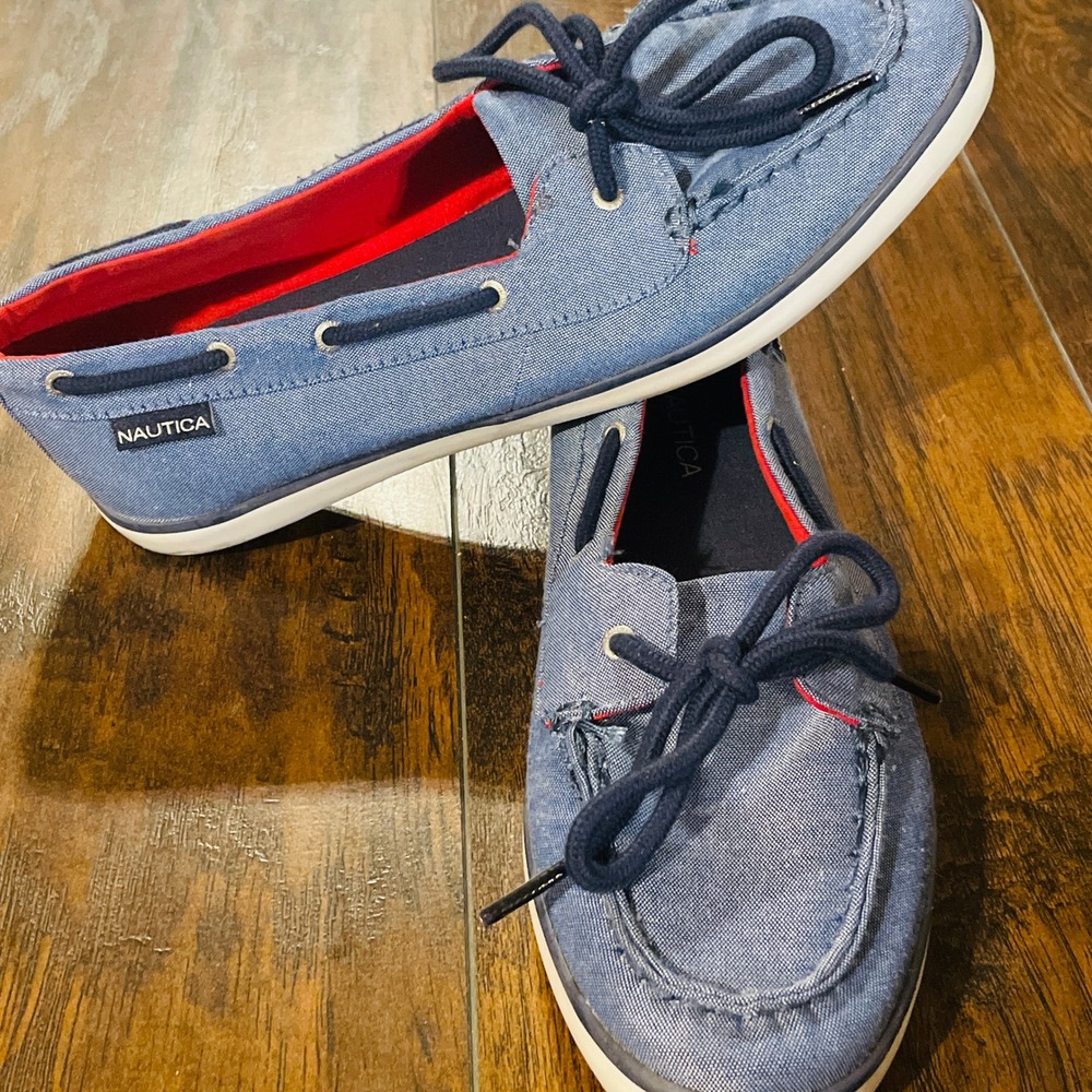 Nautica Boat Shoes Womens Pinecrest A 8.5 Blue Chambray Textile Moc Toe Sneaker